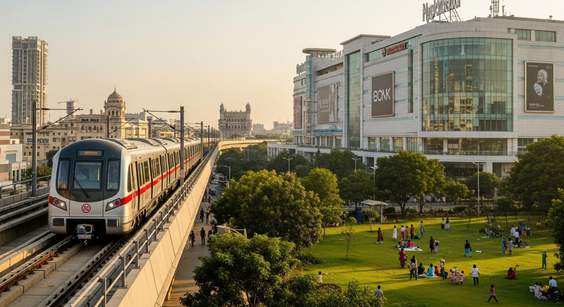Hyderabad Metro train passing through Hitech City with green park and modern buildings during evening golden hour